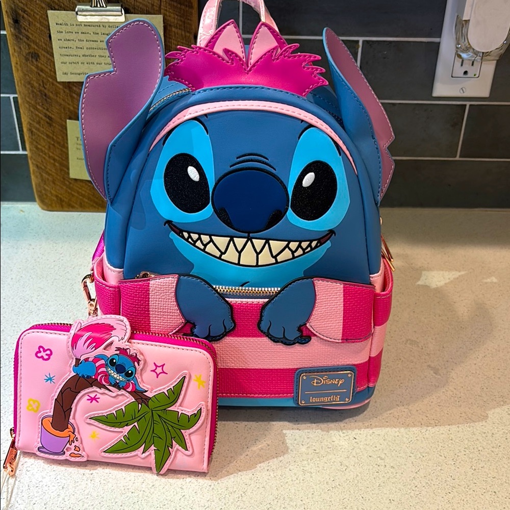 Disney 100 Stitch as Cheshire Cat Lounegfly Backpack and Wallet set